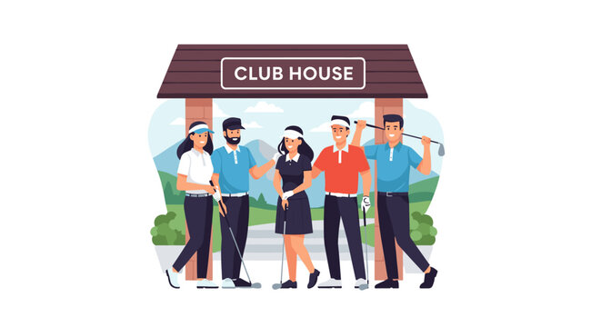 Golf players group standing in front of club house building flat vector illustration, diverse men and women athletes with golf clubs outdoors scene.