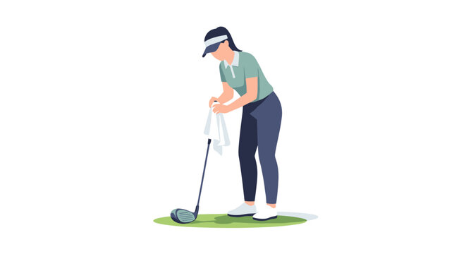 Woman Golfer Cleaning Her Club with a Towel on Green Grass Field, Flat Vector Illustration Isolated on White Background for Sport and Exercise Theme.