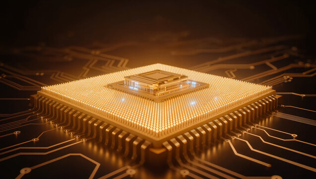 glowing golden microprocessor chip with thousands of pins on a dark circuit board in warm amber light, futuristic 3d render, conceptual computing power and semiconductor technology innovation concept