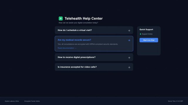 Telehealth faq accordion interface digital healthcare consultation guide medical information screen online prescription support dark mode UI