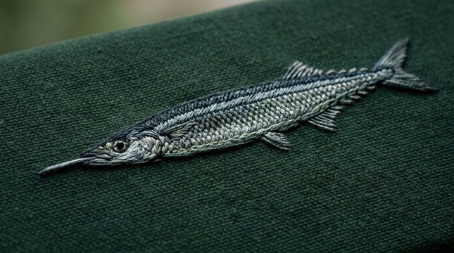 Barracuda fish embroidery design with silver thread on dark green fabric for marine themed decorative wall art or clothing decor.