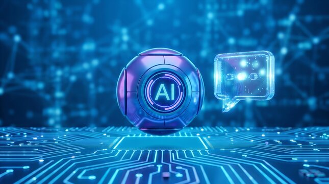 AI Chatbot icon, accompanied by a luminous digital speech bubble, representing artificial intelligence communication, virtual assistants, and machine learning