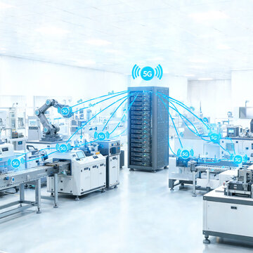 Modern factory with connected machines and glowing 5G data links to a central edge computing node, industry 4.0 concept