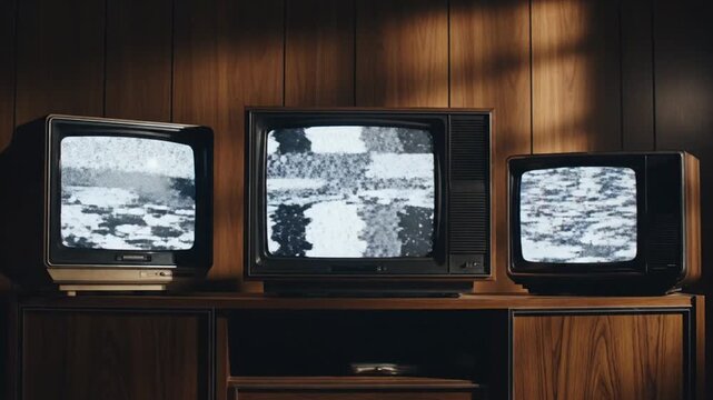 Retro TVs Displaying Static and Test Patterns on Wooden Shelf