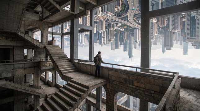 Surreal Architectural Labyrinth With Lone Figure Standing On Stone Platform Gazing At An Upside Down Floating Modern Cityscape Connected By Gravity Defying Escher Style Staircases