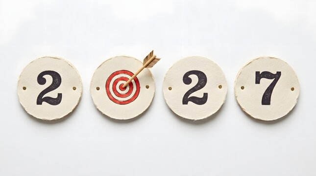 Conceptual image representing the year 2027 with a target and arrow, isolated on white background