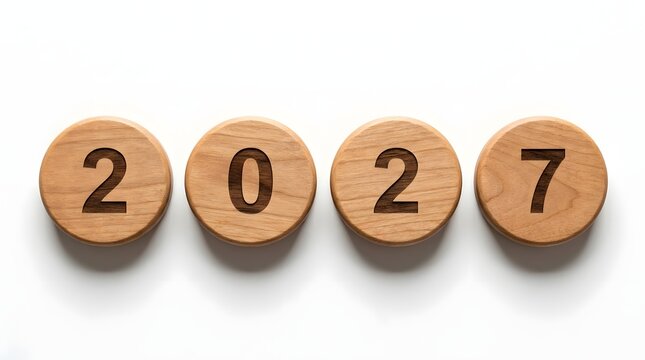 Wooden circles with the number 2027 engraved on them, isolated on white background