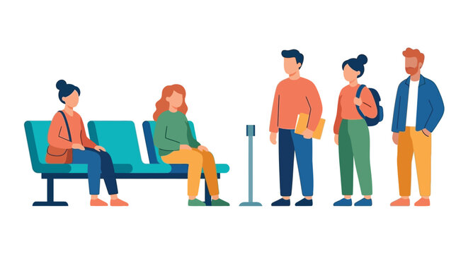 People waiting in a line with a bench depicted as a flat vector illustration on a white background