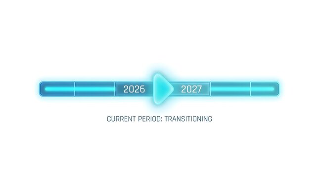 Futuristic timeline progress bar with glowing blue light, transitioning between years 2026 and 2027, isolated on white background