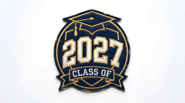 Embroidered class of 2027 graduation patch with a mortarboard cap design isolated on white background