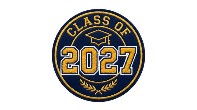 Class of 2027 graduation patch with a mortarboard cap and laurel wreath design isolated on white background