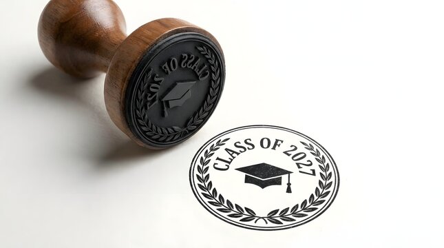 Wooden rubber stamp with a class of 2027 graduation cap icon imprint isolated on white background