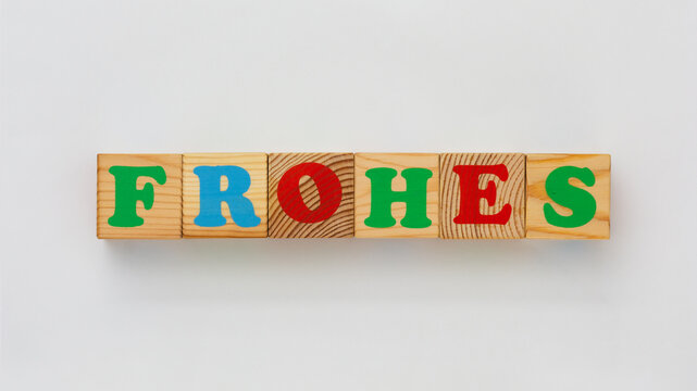 The image features wooden alphabet blocks arranged to form the German word FROHES, which translates to joyful or happy in English