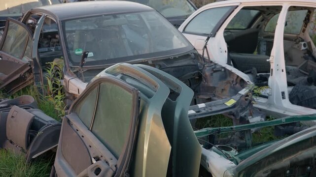 Dismantled car body shells and detached vehicle doors sit outdoors at an auto salvage yard. Stripped automotive chassis await sorting and crushing for metal recycling.