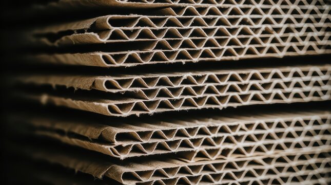 Corrugated cardboard sheets stacked in layers showing brown paper
