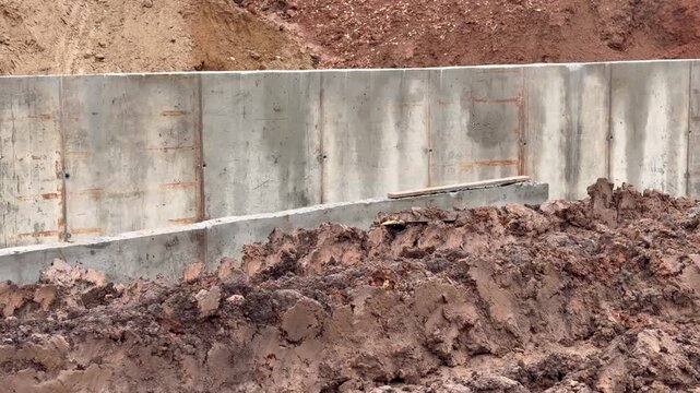 Solid concrete retaining structures wet clay soil seen at industrial development area. Building foundation construction site, heavy engineering groundworks process, civil infrastructure reinforcement.