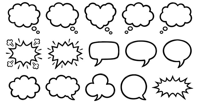 Set of handdrawn comic speech bubbles and thought balloons