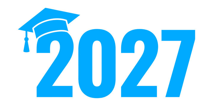 Class of 2027 graduation typography design with a blue mortarboard cap icon