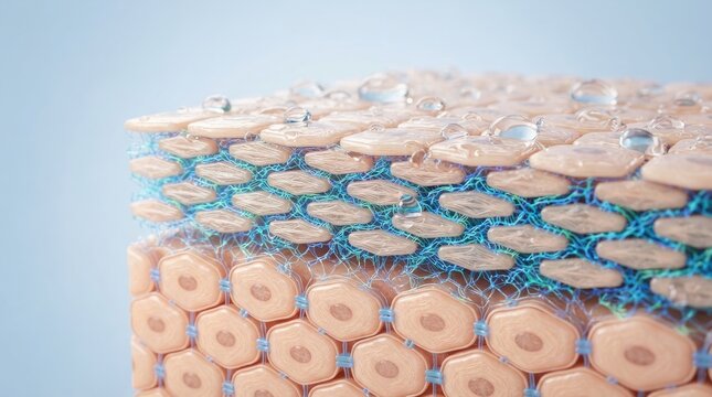 Microscopic view of human skin cells with moisture droplets and intercellular connections