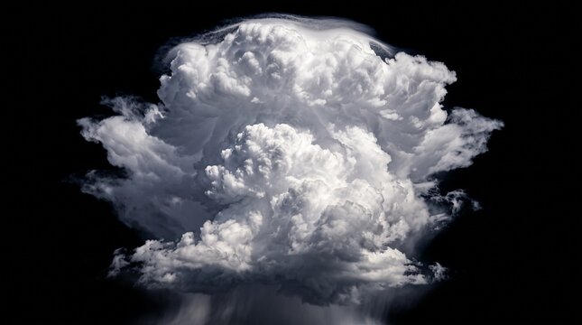 Large dramatic explosive white storm cloud isolated on solid deep black background art.