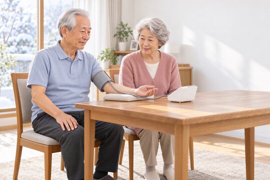 冬の自宅で血圧を測定する日本人シニア夫婦