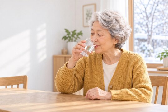 冬の室内で水分補給をする日本人高齢女性