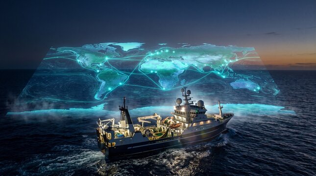 Commercial fishing vessel at sea with a projected holographic world map overlay showing global routes