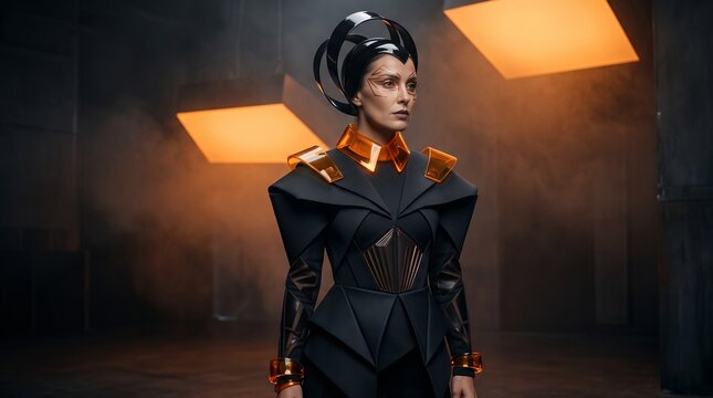 Futuristic woman wearing a black geometric structured outfit with orange glowing accents in a dark studio