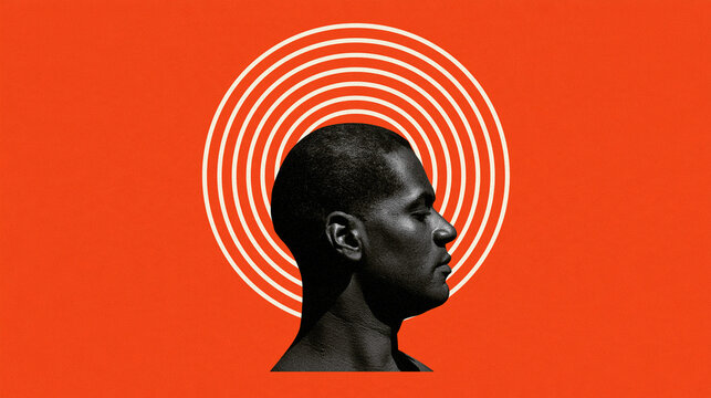 Young black man in profile with geometric circles on red background  