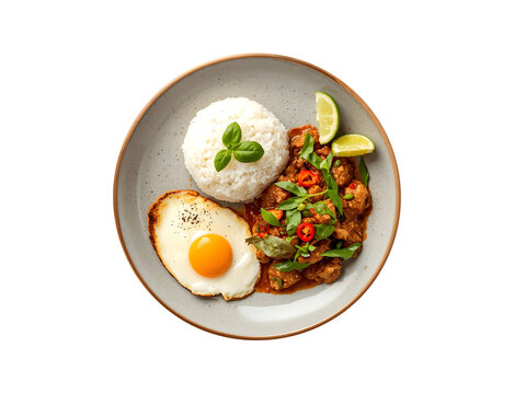 Pad Krapow Gai - Thai Basil Chicken served over Rice with a crispy fried Egg, shown on a clean white backdrop. Pad Krapow is a beloved Thai dish featuring ground chicken or pork.