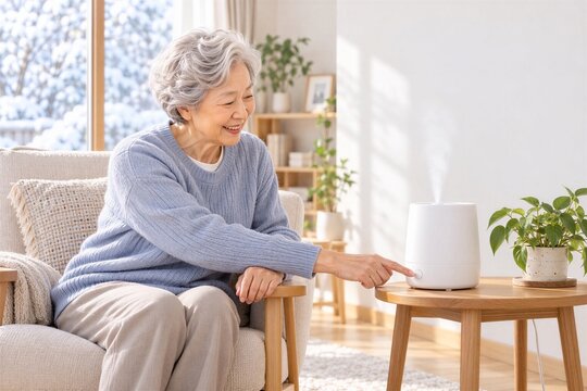 冬の自宅で加湿器を使い乾燥対策をする日本人高齢女性