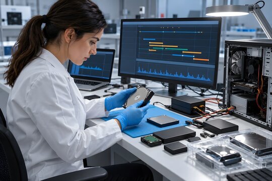 Digital forensics investigator examining computer storage evidence
