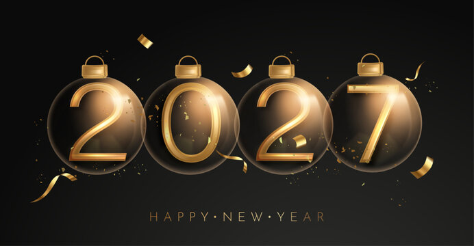 Luxury Golden 2027 Numbers Inside Christmas Baubles with Confetti on Black Background Editable Vector Illustration