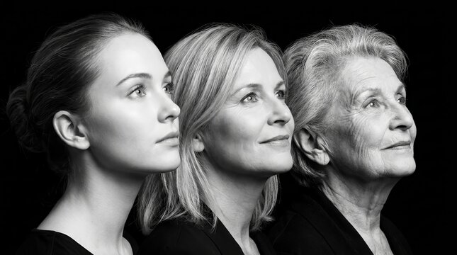 Profile portraits of three generations of women against a solid dark background.