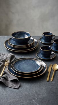 Elegant Dark Blue Ceramic Dinnerware Set with Gold Trim.
