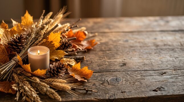 Lit candle with autumn leaves and pinecones on rustic wooden table
