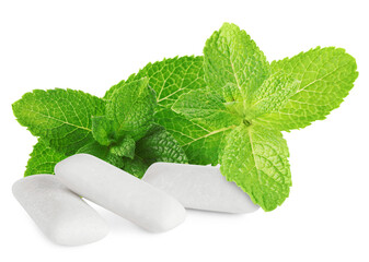 Menthol chewing gum pieces and green mint leaves against transparent background © New Africa