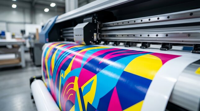 Large format printer head applying colorful ink patterns onto vinyl in a print shop.