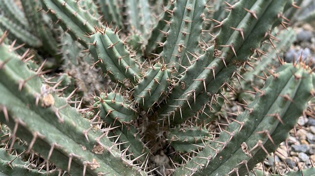 intricate botanical macro photograph showcasing the dense overlapping networkthorny succulent cylindrical stems on a mature xerophytic plant plant botanical tree spurge euphorbia succulent