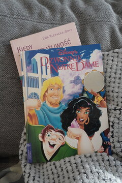 Disney's The Hunchback of Notre Dame book resting on a textured knitted blanket in Poznań