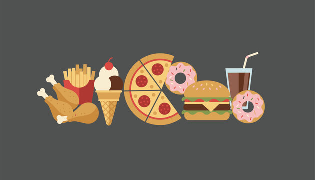 Row of tasty fast food meals including fried chicken, french fries, ice cream, pizza, burger, donut, and soda.