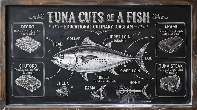 Tuna Cuts Culinary Diagram on a Vintage Chalkboard
