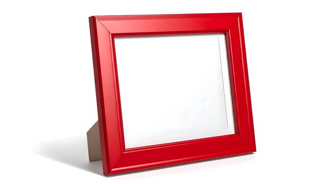 Vibrant red empty picture frame standing upright on a clean white background, ready for your cherished memories or artwork display