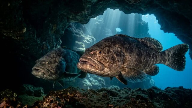 two goliath grouper close up underwater in florida keys marine sanctuary cave video