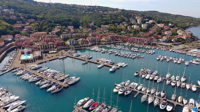 Vista aerea del porto turistico di Porto San Rocco a Muggia, Trieste