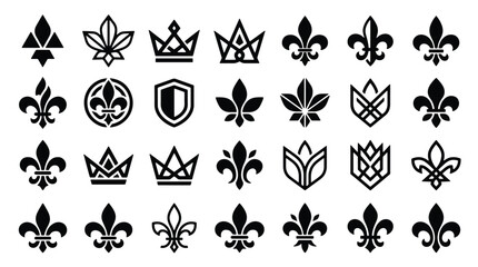 Collection of black fleur de lis and royal crown symbol icons © Umi  Haniah