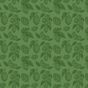 Seamless repeat pattern design with hand drawn beer hops for background graphics at brewery 