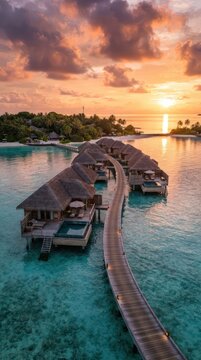 Luxurious Overwater Bungalows at Sunset in Tropical Paradise.