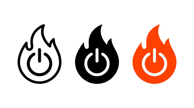 Set of flame power button icons in three distinct styles
