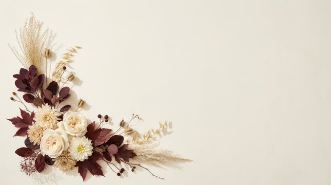 Corner floral arrangement with cream roses and dried pampas grass